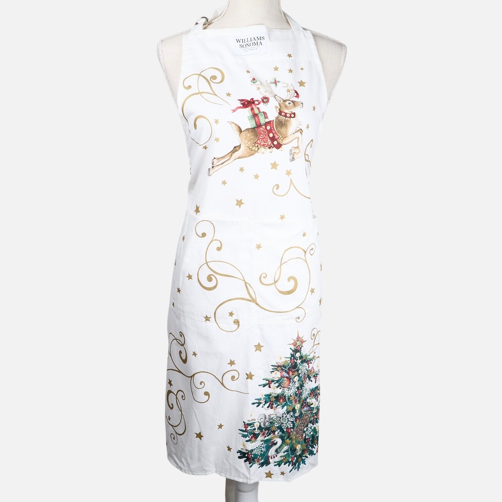 Williams Sonoma Twas the Night Before Christmas Apron White Gold Reindeer New